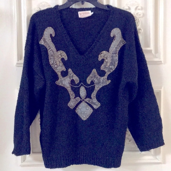 Beldoch Popper Sweaters - Beldoch Popper - Vintage V-Neck Knitted Embellished Pullover Sweater